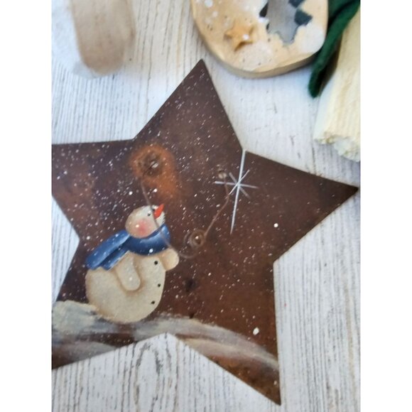 Snowman star wooden ornament set country folk art unique Xmas tree - Picture 2 of 10